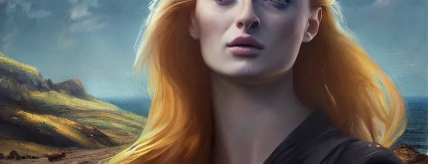 Image similar to most epic painting of sophie turner, silver lining, most epic landscape. epic cinematic hyperrealism masterpiece. realistic poster with shaded lighting by craig mallismo, artgerm, jeremy lipkin and michael garmash, unreal engine, radiant light, detailed and complex environment, digital art, art station trends