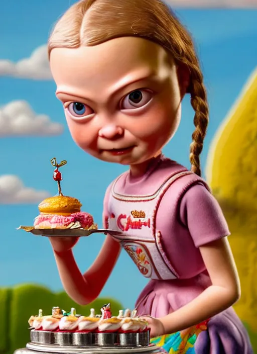 Prompt: highly detailed closeup, portrait of a tin toy greta thunberg eating cakes, unreal engine, nicoletta ceccoli, mark ryden, earl norem, lostfish, global illumination, detailed and intricate environment