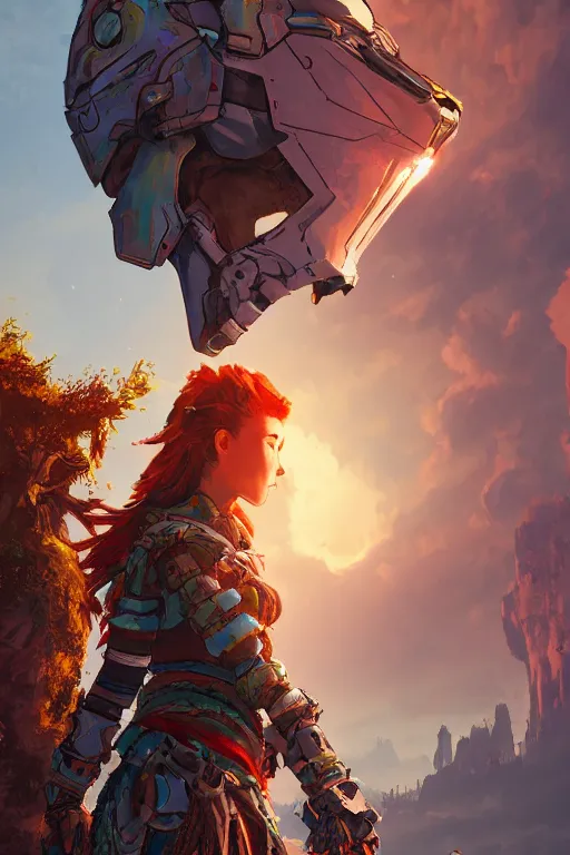 Image similar to combination suit armor aloy horizon forbidden west horizon zero dawn radiating a glowing aura global illumination ray tracing hdr fanart arstation by ian pesty and alena aenami artworks in 4 k tribal robot ninja mask helmet backpack