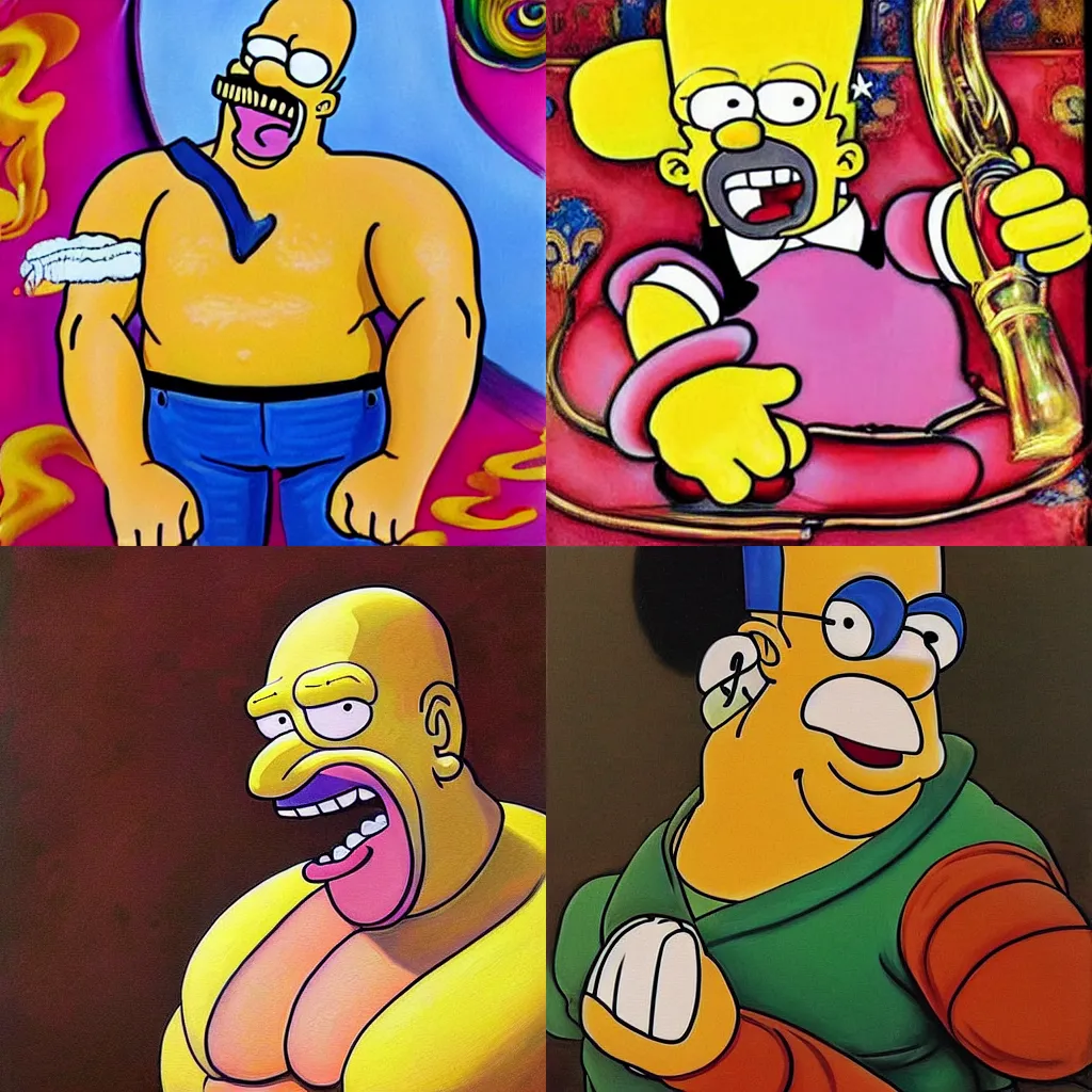 Prompt: a gorgeous painting of Homer Simpson in the style JoJos Bizarre Adventure. Painting by Rembrandt and Hirohiko Araki.