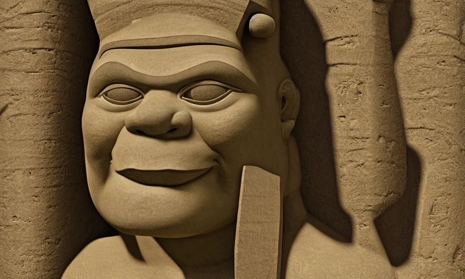 Prompt: an ancient egyptian stone carving of shrek, 4 k, trending on artstation, detailed, film still