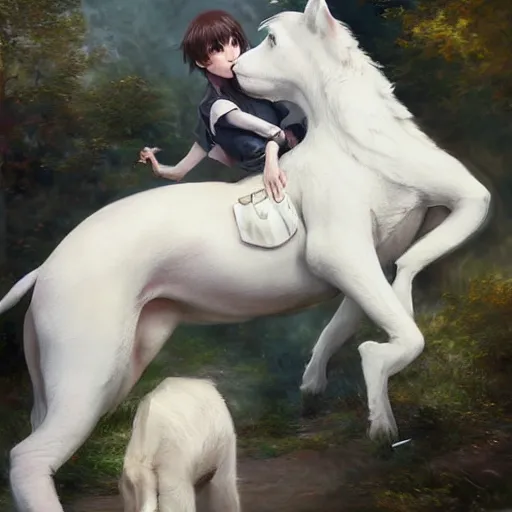 Image similar to a person hugging a large white animal, a detailed painting by krenz cushart, pixiv contest winner, fantasy art, official art, detailed painting, pixiv. highly detailed. 4 k masterpiece. unreal engine. photorealistic. realism. cinematic. photorealism. wideshot. coherent.