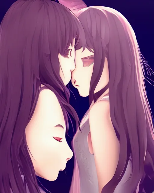 Image similar to portrait of two girls kissing, anime, trending on Artstation