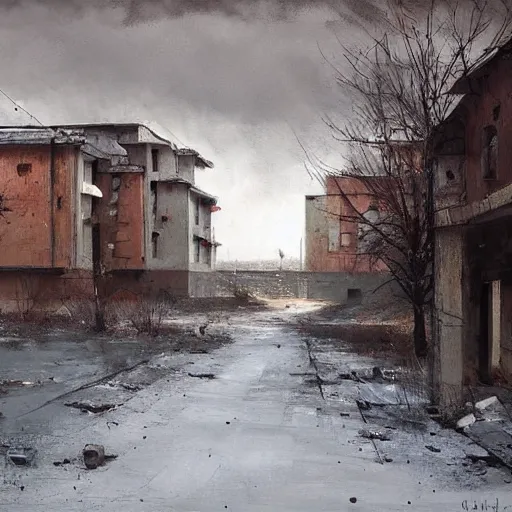 Image similar to painting of a abandoned post soviet town by jakub rozalski