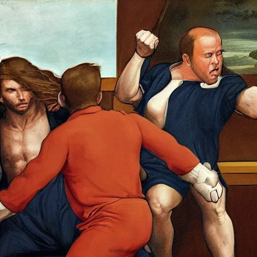 Image similar to three clones of Alex Jones fighting in a courtroom, renaissance painting