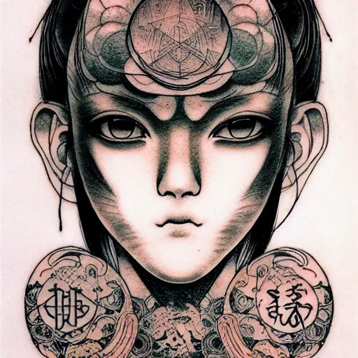Prompt: prompt: Fragile looking character soft light portrait face drawn by Takato Yamamoto and Katsuhiro Otomo, tattooed face, facial hieroglyph tattoos , inspired by Akira 1988 anime, alchemical objects on the side, soft light, intricate detail, intricate gouache painting detail, sharp high detail, manga and anime 2010