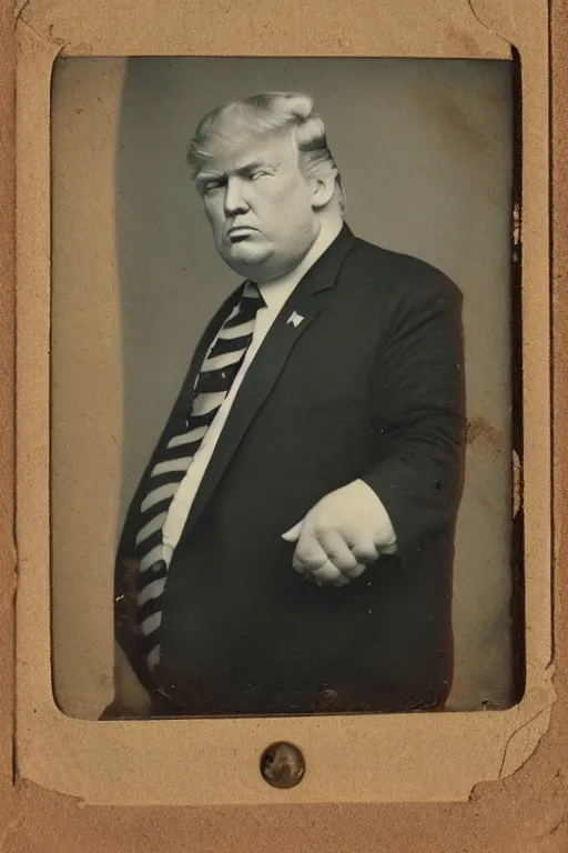 Image similar to a tintype photo of a very obese Donald Trump