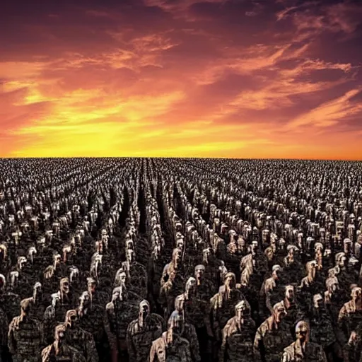 Image similar to an army of a million Barrack Obama’s on the battlefield with a beautiful sunset in the distance behind them, high contrast 4k hd photograph,