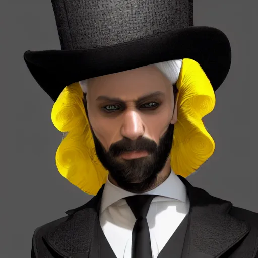 Image similar to a highly detailed portrait of a man in a high top hat covering his face, in a black tailcoat with a yellow waistcoat under the tailcoat, artstation, deviantart, professional, unreal engine 5, photorealistic