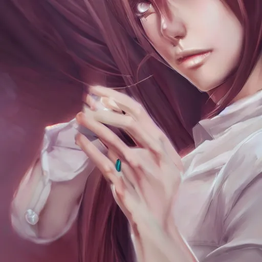 Prompt: kurisu makise, elegant, ultra highly detailed, digital painting, smooth, sharp focus, artstation, top-down shot, art by Ina Wong