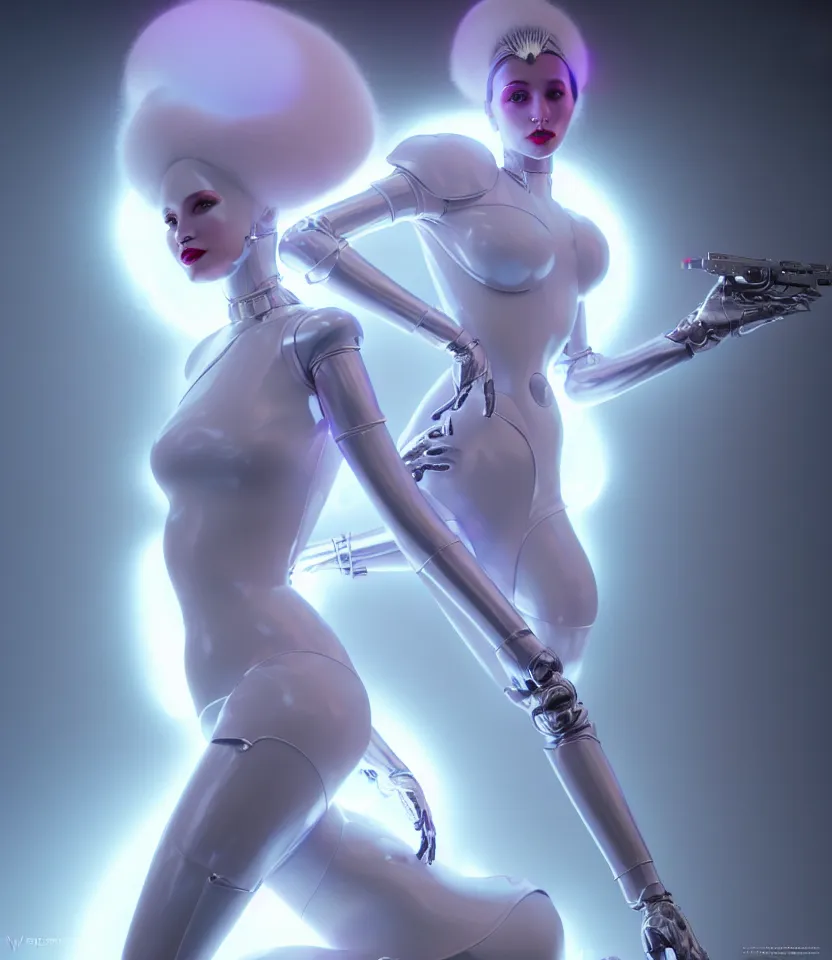 Image similar to beautiful fantasy woman android with bright lipstick wearing glowing white dress with white fur, seductive pose, futuristic, ultra realistic, dramatic lighting, robots, highly detailed by peter mohrbacher, hajime sorayama, wayne barlowe, boris vallejo, aaron horkey, gaston bussiere, craig mullins, octane render, cycles render, vray, iridescent