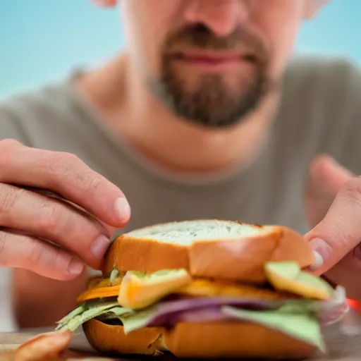 Image similar to A man eating a sandwich, close-up imagery, photorealistic, fisheye lens, trending on artstation, 4k, 8k