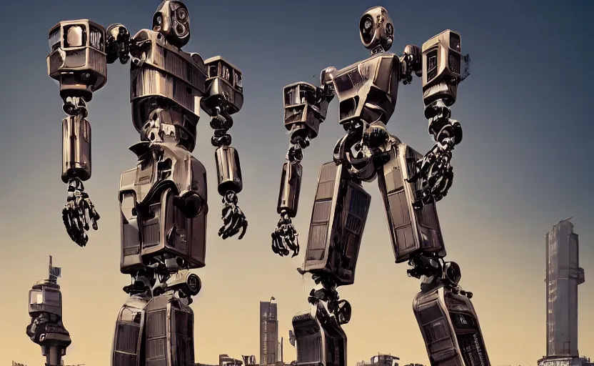 Image similar to berlin after the invasion of gigantic human - like robots, artstation hq, stylized, symmetry, modeled lighting, expressive, retro futurism, studio photo refined, highly detailed, hyper realistic, photo realistic metal render