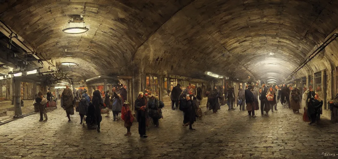 Image similar to market in an underground subway track by eugene von guerard, ivan shishkin, dramatic lighting, concept art, trending on artstation