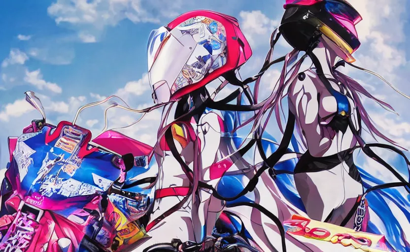 Image similar to billboard advertisement with an extremely beautiful photo of a white marble statue of an anime girl with colorful motocross logos and motorcycle helmet with closed visor, colorful smoke in the background, carved marble statue, fine art, neon genesis evangelion, virgil abloh, offwhite, denoise, highly detailed, 8 k, hyperreal