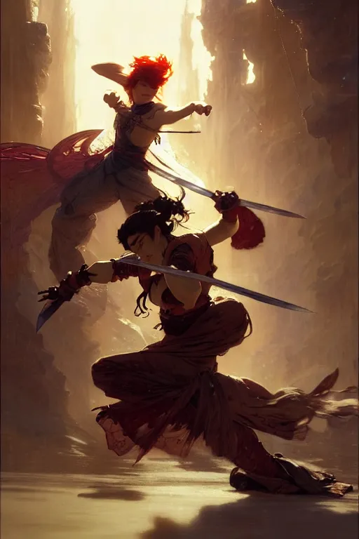 Image similar to An epic fight moment frozen time pose, between one demon slayer with one female skilled samourai , in style of by gaston bussiere, and craig mullins and greg rutkowski and alphonse mucha, awesomenes , concept art world, cinematic lighitng,