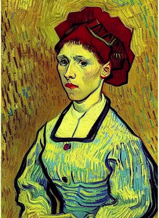 Image similar to portrait of young woman in renaissance dress and renaissance headdress, art by vincent van gogh