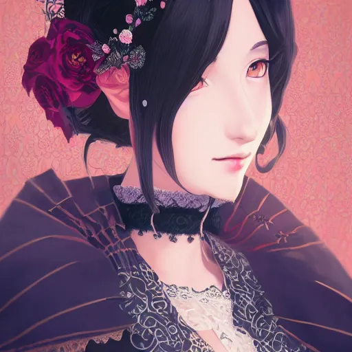 Prompt: portrait of a beautiful girl with dark hair dressed in victorian fashion, royal garden background, rich vivid colors, ambient lighting, dynamic lighting, 4k, official media, anime key visual, makoto shinkai, ilya kuvshinov, rossdraws, detailed, trending on artstation