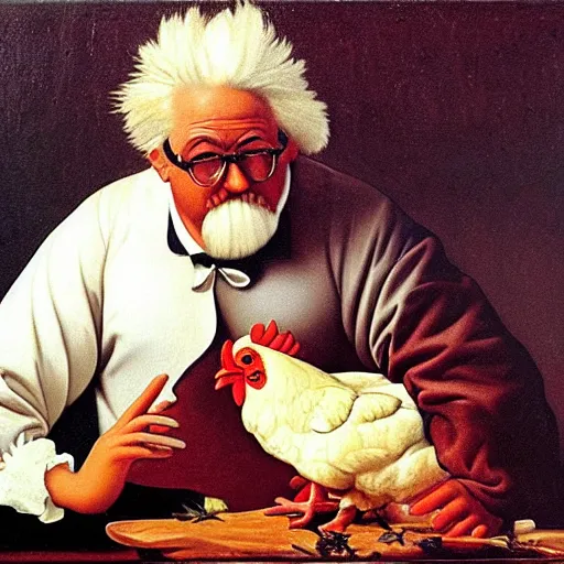 Prompt: Angry Colonel Sanders petting a plump chicken. Painted by Caravaggio, high detail