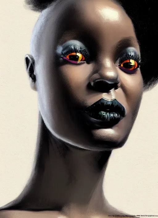 Prompt: portrait of a black woman with a crooked nose and a confident expression, 1 9 6 0 s, black clothes, goth, punk, funk, intricate, elegant, highly detailed, digital painting, artstation, concept art, smooth, sharp focus, illustration, art by wlop, mars ravelo and greg rutkowski