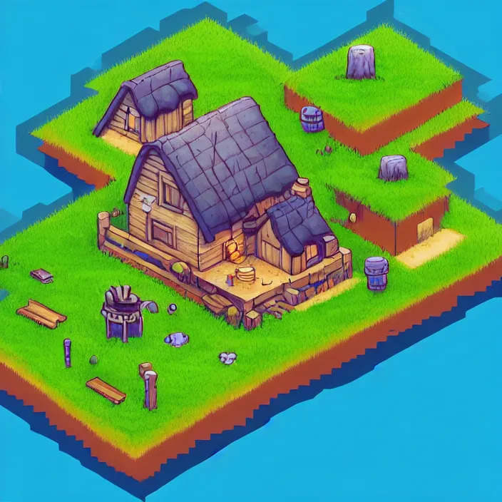 Image similar to isometric view of a cottage above an azure lake, beautiful game art, by thomas feichtmeir ( cyangmou ), by pixel jeff, by kirokaze, by waneella, by albertov, by junkboy, by retronator, clear focus, very coherent