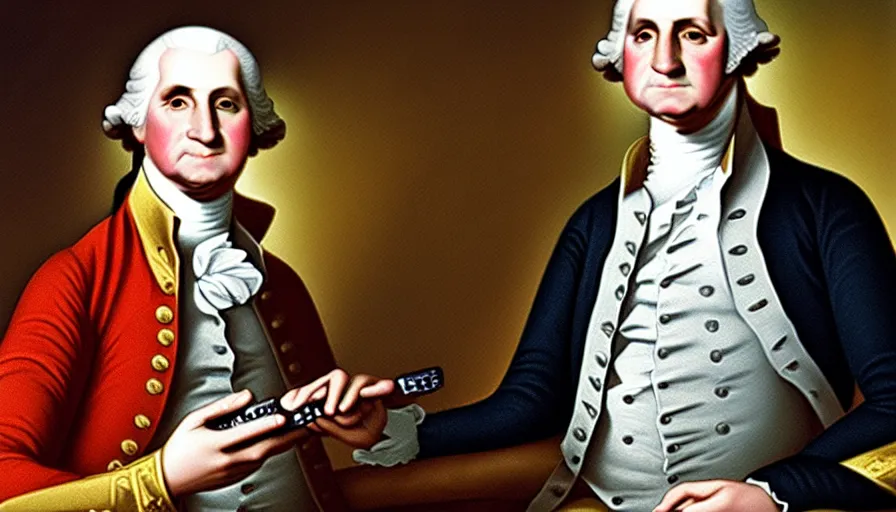 Image similar to george washington holding playstation controller! in the style of an oil painting, historical, highly detailed