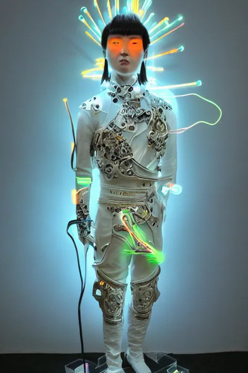 Prompt: full-body neon porcelain bladerunner style sculpture of a young handsome Japanese samurai prince as a half android with a porcelain chest opening exposing circuitry and electric sparks, glowing laser beam eyes, crown of giant diamonds, flowing neon-colored silk, fabric, raptors. baroque elements. full-length view. baroque element. intricate artwork by caravaggio. Very very very very highly detailed epic photo of face. Trending on artstation, octane render, cinematic lighting from the right, hyper realism, octane render, 8k, depth of field, 3D