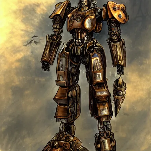 Image similar to concept art of an humanoid steampunk mecha in the shape of an armored hoplite by ayami kojima