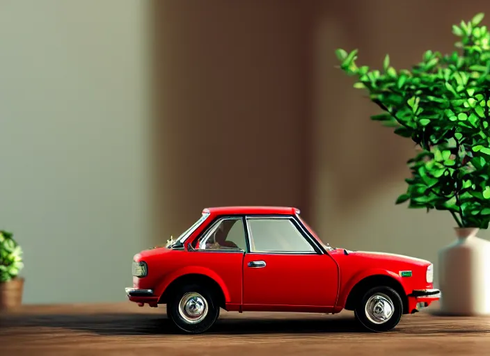 Image similar to a small miniature of a red Datsun 1200 on a white table near a book and a vase with a plant, 3d render, octane render, unreal engine 5, path tracing, serene landscape, calm, relaxing, beautiful landscape, highly detailed, high quality, 4k, symmetrical, low contrast