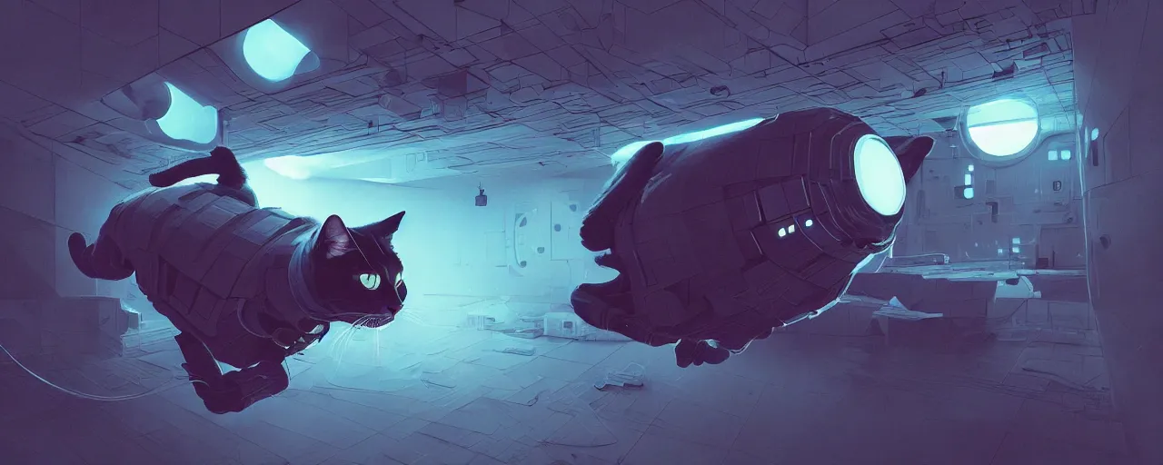 Image similar to duotone noir scifi concept dynamic illustration of 3 d mesh of cat inside box floating zero gravity glowing 3 d mesh portals retrofuturistic, glowing eyes, octane render, surreal atmosphere, volumetric lighting. accidental renaissance. by sachin teng and sergey kolesov and ruan jia and heng z. graffiti art, scifi, fantasy, hyper detailed. trending on artstation