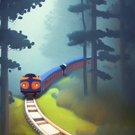 Image similar to a painting of a train traveling through a forest, a storybook illustration by goro fujita, deviantart, american scene painting, matte drawing, 2 d game art, speedpainting