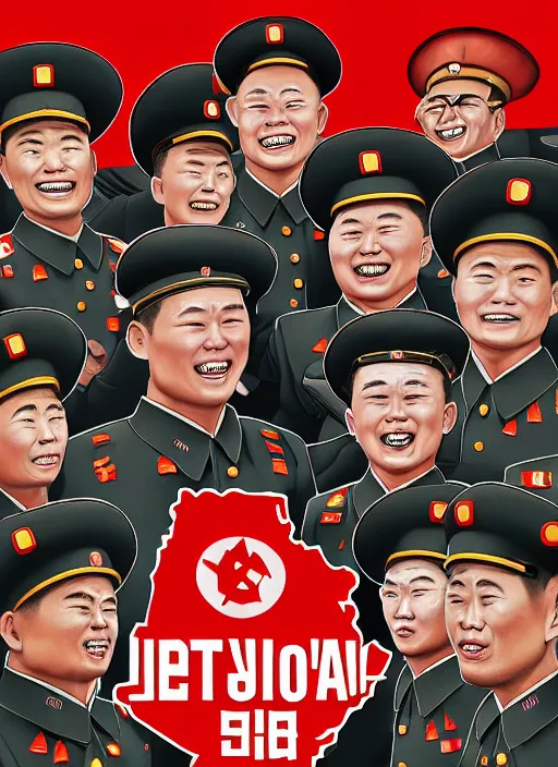 Prompt: propaganda poster smiling jerma as dictator of north korea with soldiers saluting, 8 k, trending on artstation