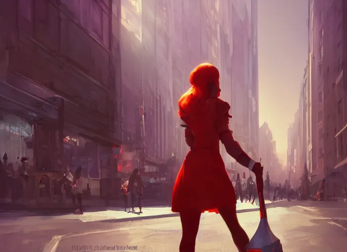 Prompt: glowing girl walking through daylight city carrying a red propaganda flag , DSLR 85mm, by Craig Mullins, ilya kuvshinov, krenz cushart, artgerm, Unreal Engine 5, Lumen, Nanite