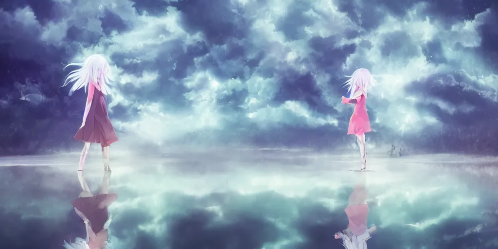 Prompt: white haired girl walking in cloud pondnight, fractal dreamscape, cinematic, mirror reflection, vibrant colors, digital anime illustration, award winning,