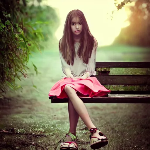 Prompt: dslr photo of a beautiful teen girl model, sitting on a bench wearing a flower skirt, very high quality face and body and wearing hemp sandals, artgerm, artstation, extremely high quality, moody lighting, photography by deviantart, 8 k