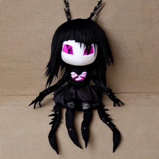 Image similar to cute fumo plush of the nightmare princess, gothic regal and tattered black, broken hearts, tragic wraith, vray, web of tendrils, arachnid, wink