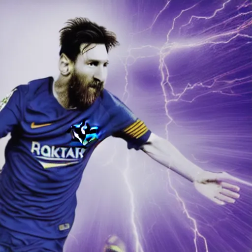 Prompt: lionel messi running extremely fast engulfed in blue lightning vortex, 8 k