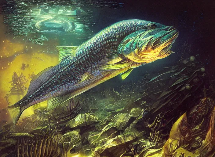 Prompt: pike fish with glowing head, neural cybernetic interface, glowing veins subsurface scattering, deep sea underwater photography, by gerald brom, by mikhail vrubel, by peter elson, muted colors, extreme detail, trending on artstation, 8 k