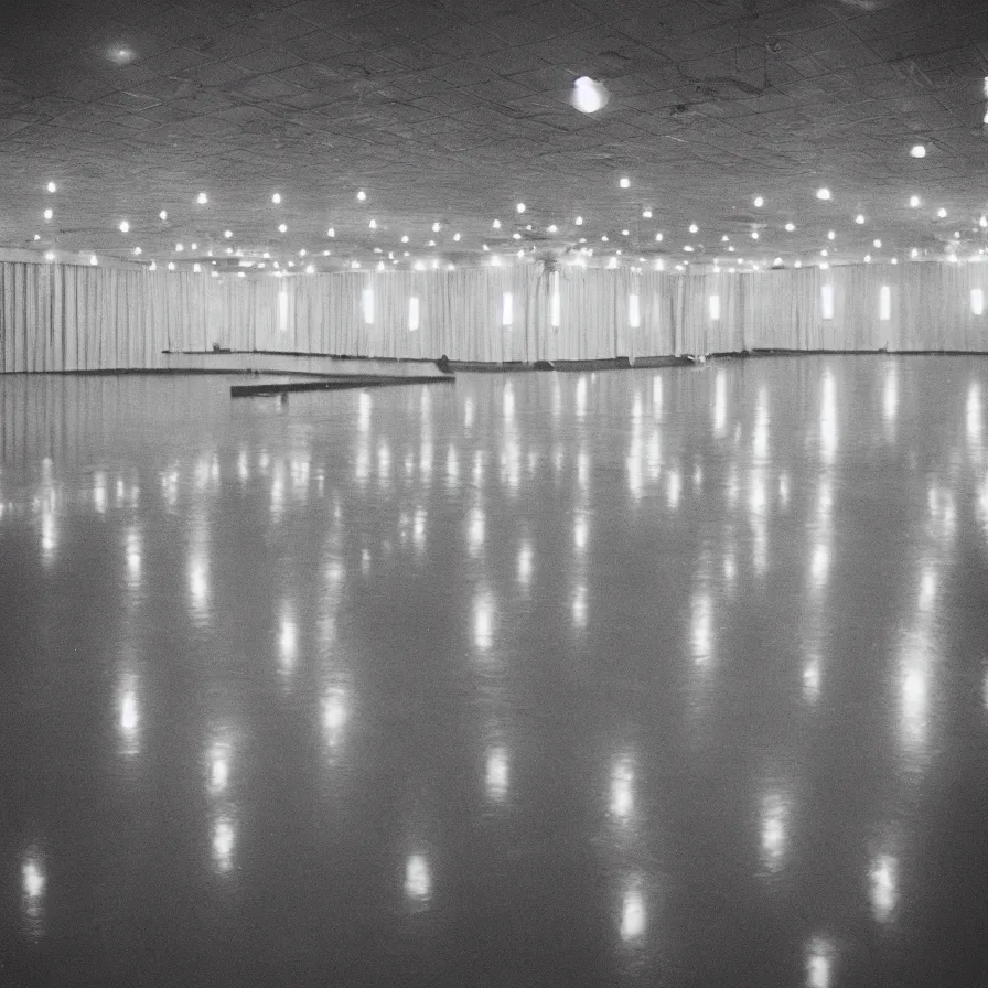 Prompt: 7 0 s movie still of an empty soviet ballroom flooded with hand, cinestill 8 0 0 t 3 5 mm, heavy grain, high quality, high detail
