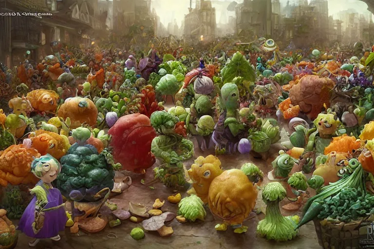 Image similar to miniature vegetable creatures parade. the floor is a cutting board. kitchen environment. digital art, realistic, pixar style, highly detailed, cinematic, matte painting, vivid colors, realistic, epic, low angle, lighting, by greg rutkowski and artgerm and alphonse mucha