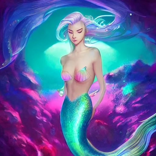 Prompt: ethereal mermaid with iridescent jewel tones, matte fantasy painting, cool lighting, by Ross Tran and Artgerm and Alena Aenami