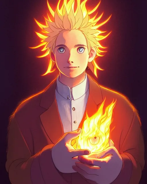 Prompt: portrait of calcifer from the movie howl's moving castle, studio ghibli, intricate, elegant, highly detailed, digital painting, artstation, concept art, smooth, sharp focus, illustration, art by artgerm and greg rutkowski and fra angelico and alphons mucha