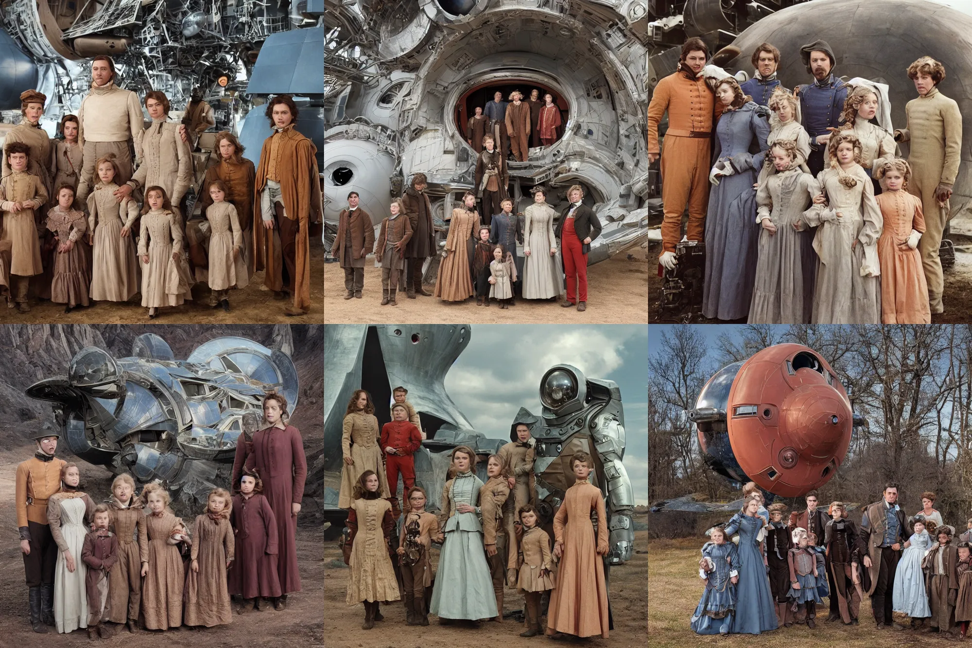 Prompt: highly detailed, 268435456k film, 1400mm film still from a sci fi blockbuster color movie made in 2019, set in 1860, of a family standing in front of a spaceship that has just landed on an alien planet, the family are all wearing 1860s era clothes, good lighting, good photography, ultra high definition