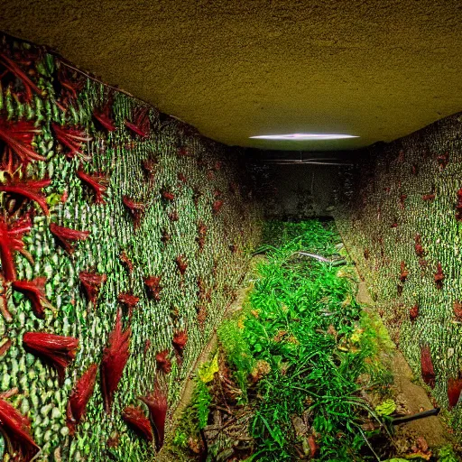 Image similar to abandoned, overgrown, underground bunker. giant mutated venus flytrap room.