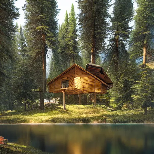 Image similar to a cabin in the woods, pine trees and a pond by Klaus Wittmann