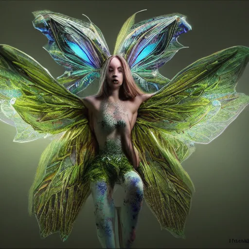 Image similar to full body pose, hyperrealistic photograph of moss fairy, symmetrical wings, dim volumetric lighting, 8 k, octane beautifully detailed render, extremely hyper detailed, intricate, epic composition, cinematic lighting, masterpiece, trending on artstation, very very detailed, stunning, hdr, smooth, sharp focus, high resolution, award, winning photo, dslr, 5 0 mm