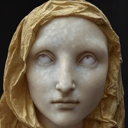 Prompt: a masterpiece marble sculpture of the veiled virgin, subsurface cracks, !dramatic !face, !female, covered in intricate !detailed golden !!streaked veil , physically based rendering, ultra photo realistic , dark background by Dan Hillier