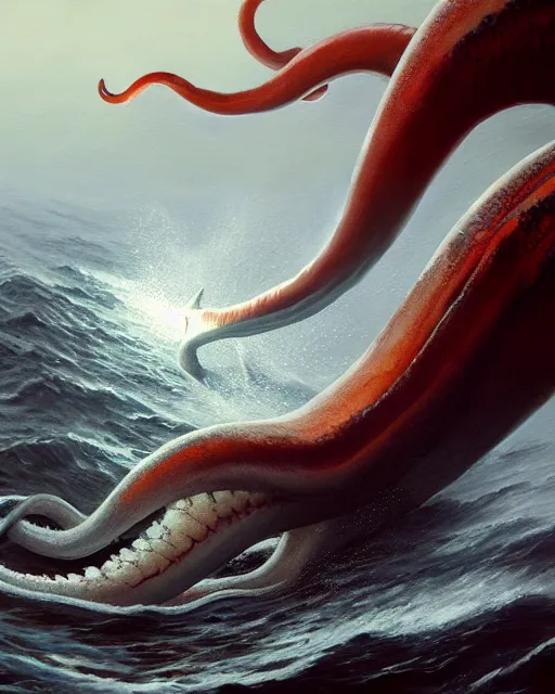 Prompt: a dream fantasy painting of a giant squid attack a swimming man, by beksinki, giger, greg rutkowski, carne griffith trending on artstation, deviantart, photorealism