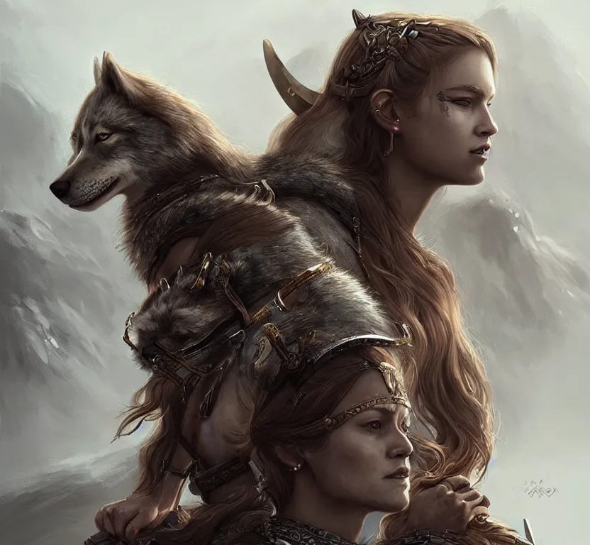 Prompt: a gorgeous!! woman resembling alicia vikander as a viking warrior accompanied by a dire wolf on the battlefield | drawn by wlop, drawn by jeehyung lee, drawn by argerm | intricate, highly detailed, ultra graphics, digital painting, artstation