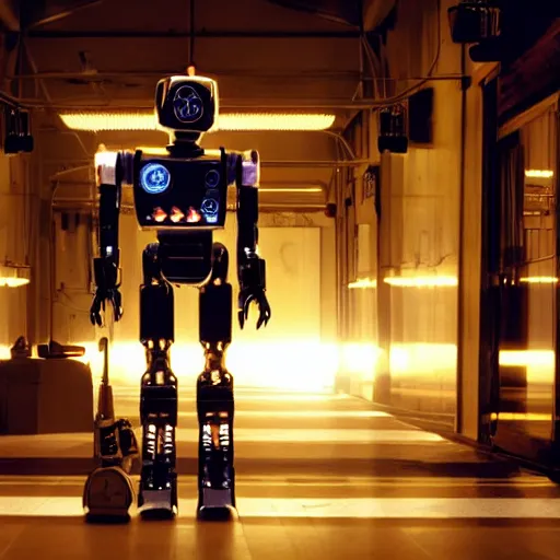 Prompt: movie still of robot bruno mars, cinematic composition, cinematic light, criterion collection, by edgar wright